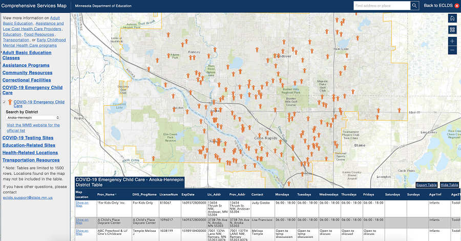Screenshot of the ECLDS Comprehensive Services Map showing COVID-19 Emergency Child Care Sites in the Anoka-Hennepin district.